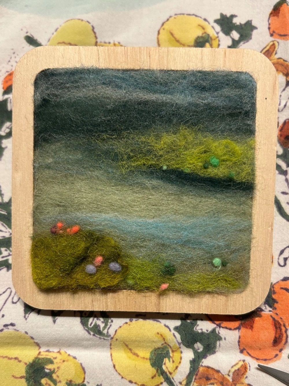 NWT “Meadow" is a handmade and handcrafted wool painting with brooch card